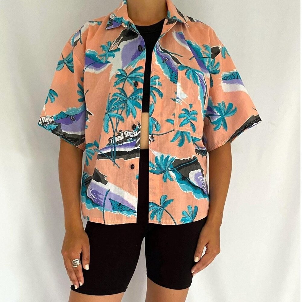 90s vintage colorful summer vacation palm tree beach graphic button up shirt